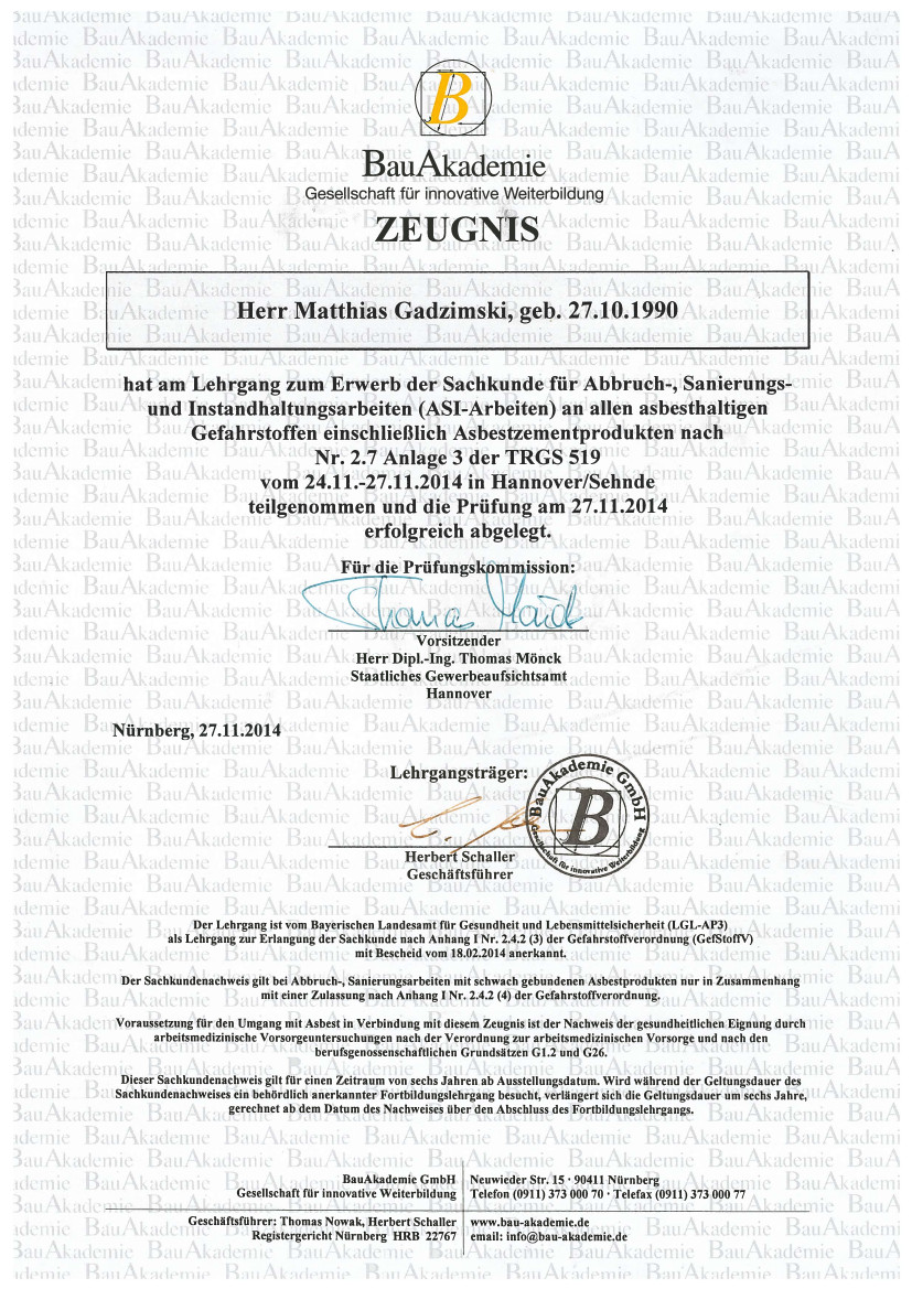 Zeugnis Asbest